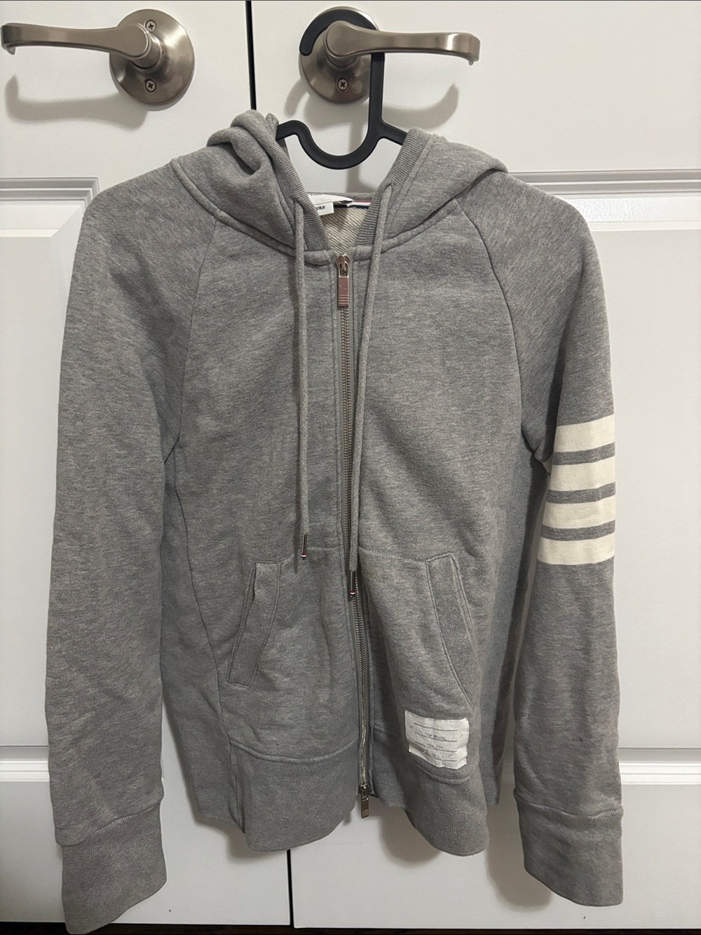 Thom Browne Gray Zip-Up Hoodie with Signature Sleeve Stripes
